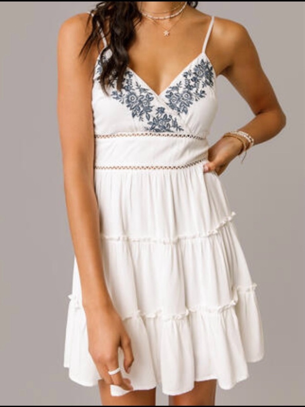 Francesca's Collections White Mini Dress with Blue Floral Embroidery